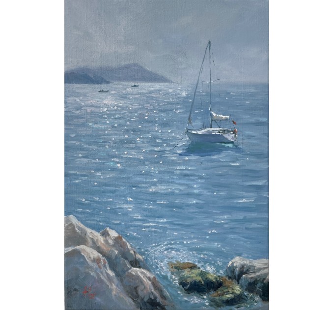Seascape with Sailboat , Oil Painting